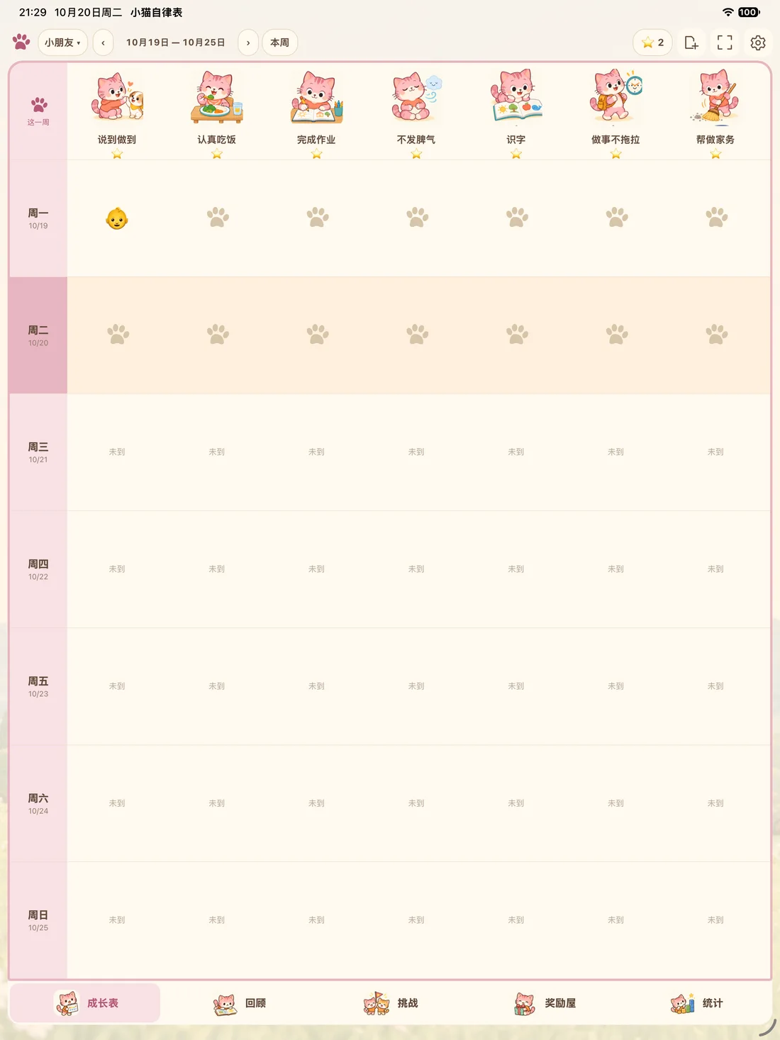 Cat Growth on iPad: seven days of habits with cat illustrations and completion stamps